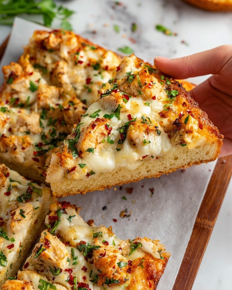 The image shows a close-up of a slice of pizza being held by a woman's hand. The pizza has two main layers: a golden brown, thick crust at the bottom and a thick layer of melted white cheese on top. Scattered on the cheese are small pieces of light golden chicken and green herbs, with some red bits of chili flakes spread over the surface. The pizza slice is on a white parchment paper that is on a wooden serving board, with other similar slices visible on the board. The background has a white marbled texture with some green herbs adding extra color. Photo taken with an iphone --ar 4:5 --v 7