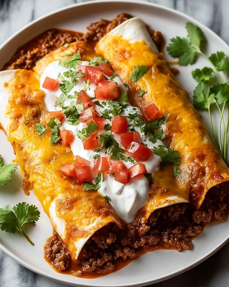 Three rolled tortillas filled with cooked ground meat in a rich red sauce, placed side by side on a white plate. The tortillas are covered with melted golden-yellow cheese. On top, there is a line of white sour cream, scattered chopped red tomatoes, and fresh green cilantro leaves. Some cilantro leaves are also placed around the edges of the plate. The plate sits on a white marbled surface. photo taken with an iphone --ar 4:5 --v 7
