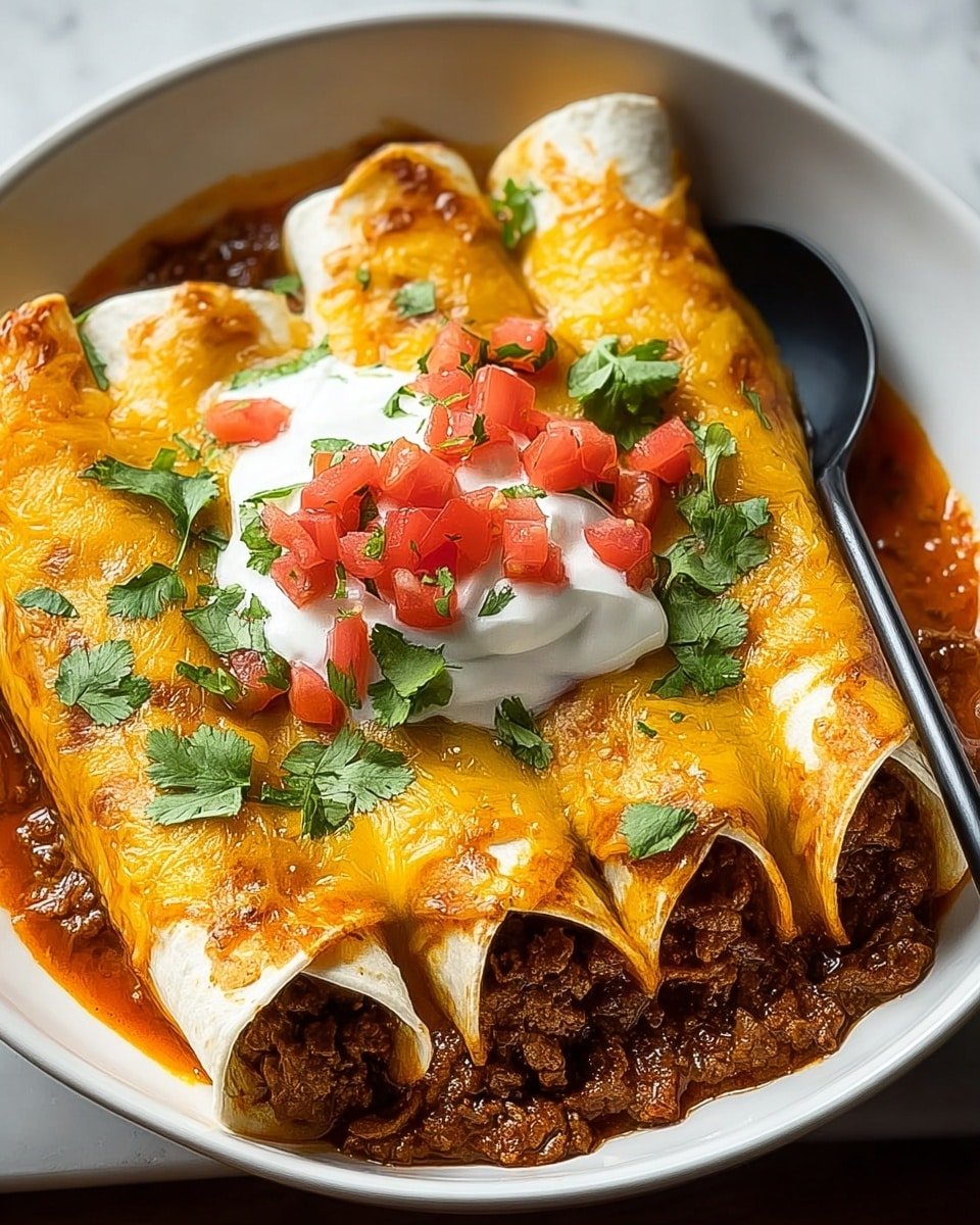 The image shows a white bowl filled with four rolled tortillas lying side by side, stuffed with a rich brown cooked meat mixture. Each tortilla is covered with a layer of melted golden-yellow cheese with a slightly crispy texture on top. Around the tortillas, there is a reddish-orange sauce that partially soaks into the edges. In the center on top, there is a dollop of white sour cream topped with small, bright red diced tomatoes and sprinkled with fresh green cilantro leaves, adding color and freshness. There is a black spoon placed on the right side inside the bowl. The bowl sits on a white marbled surface. photo taken with an iphone --ar 4:5 --v 7