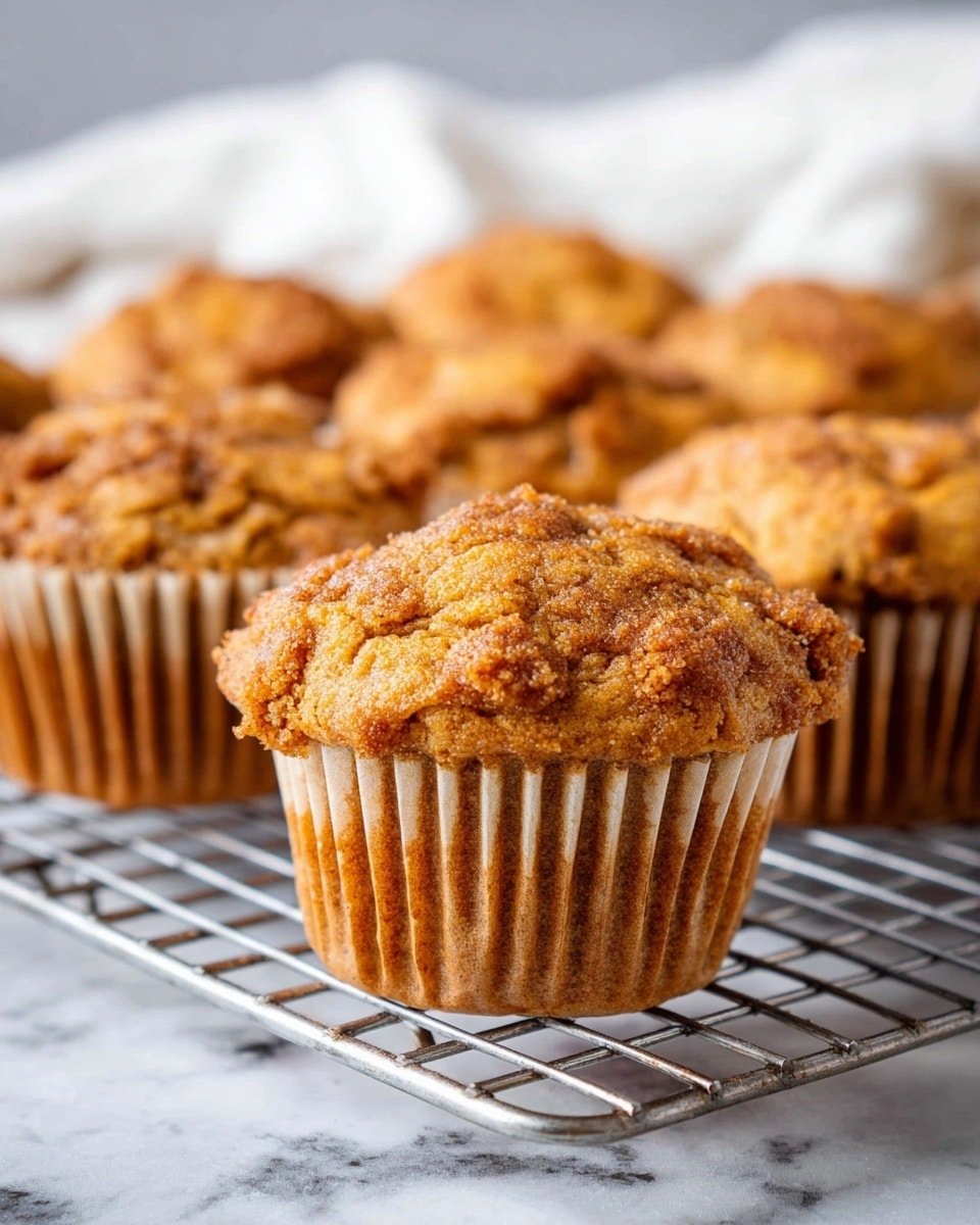 A group of golden brown muffins with a slightly rough, textured top surface sits on a metal cooling rack. Each muffin has a paper cup liner with visible ridges that hold the soft, slightly cracked muffin body. The muffins are arranged in rows, with some closer to the camera showing detailed crumbly tops and others blurred in the background. The setting includes a white marbled textured surface underneath and a soft white cloth in the back. Photo taken with an iphone --ar 4:5 --v 7