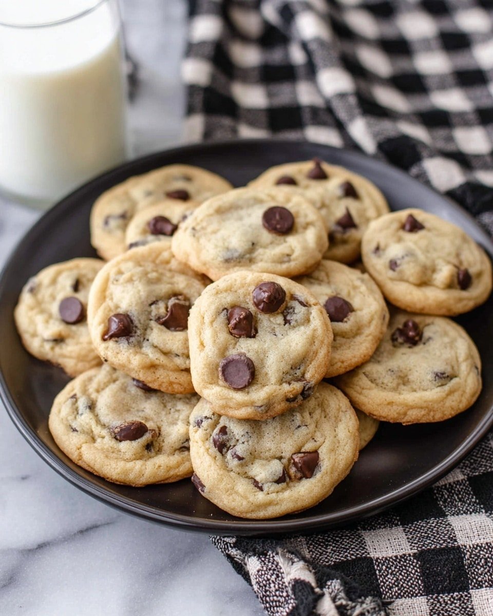 A black round plate filled with about a dozen light golden chocolate chip cookies, each with a soft, slightly wrinkled texture and dark chocolate chips scattered on top and inside. The cookies are stacked loosely, some resting fully on the plate while others overlap each other. Behind the plate, there is a glass of milk and a black and white checked cloth partially visible, all set on a white marbled surface. photo taken with an iphone --ar 4:5 --v 7