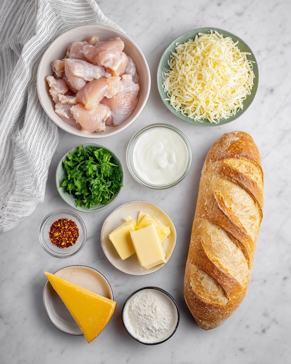 The image shows a white bowl filled with light pink raw chicken pieces at the top left. To its right is a white bowl full of shredded white cheese. Below the chicken, there is a small green bowl with fresh green parsley. Next to the parsley is a small clear glass of white cream. Below the cream is a small black and white bowl holding minced garlic. Below the garlic bowl, a white bowl holds two sticks of yellow butter. To the right of the butter is a large light brown crusty loaf of bread with three diagonal cuts on the top. At the bottom left is a wedge of hard yellow cheese. Two small bowls, one with white flour and the other with red chili flakes, sit next to the cheese and butter. The items are arranged neatly on a white marbled surface with a white and gray striped cloth placed on the top left. Photo taken with an iphone --ar 4:5 --v 7