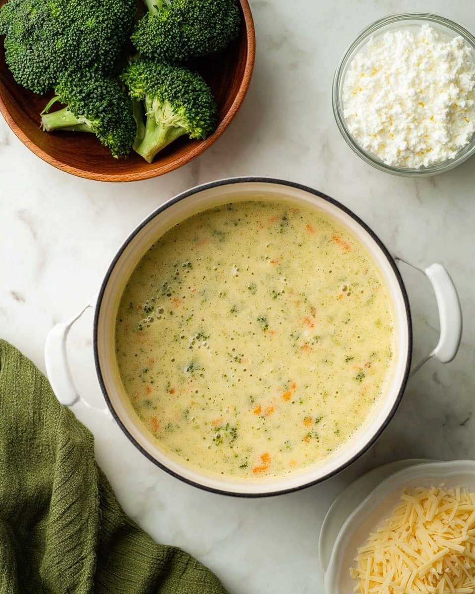 A white pot filled with creamy broccoli soup with visible small green broccoli pieces and tiny orange carrot bits, the soup has a smooth texture with a few bubbles on the surface. To the left, there is a wooden bowl with large fresh green broccoli florets, and one broccoli floret sits beside the pot. Above the pot on the right side, a clear small bowl contains white cottage cheese with a creamy curd texture. Below the cottage cheese bowl on the right, a white rectangular plate holds a small pile of shredded pale yellow cheese with a soft texture. A green cloth napkin is partially visible in the bottom left corner. The surface underneath everything is a white marbled texture. photo taken with an iphone --ar 4:5 --v 7