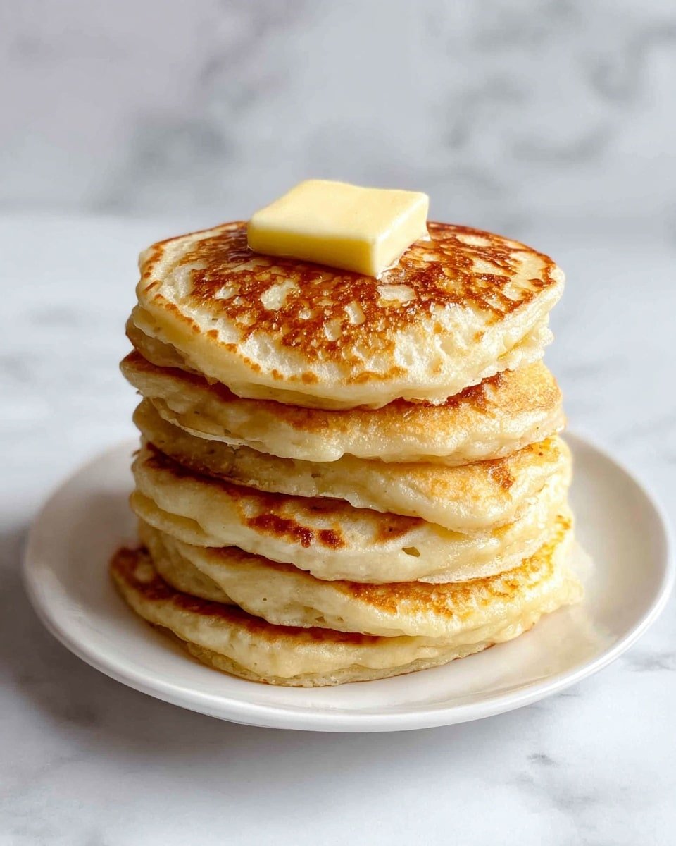 A stack of seven golden-brown pancakes sits in the center of a white plate, each pancake showing a lightly browned, slightly bubbly texture with soft edges. On top of the stack is a small square of pale yellow butter, slightly melting, adding a creamy contrast to the warm pancakes. The plate rests on a white marbled surface with soft gray veins, and the background features the same white marbled texture, giving a clean and bright feel to the image. photo taken with an iphone --ar 4:5 --v 7