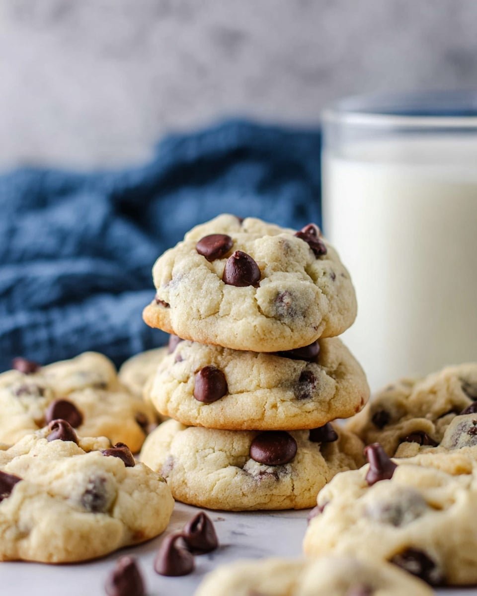 A group of thick, soft cookies stacked in two layers in the middle with more cookies scattered around them. The cookies are pale golden with several dark brown chocolate chips on top and inside, giving a bumpy texture. Behind the cookies is a tall glass of white milk with a blurry dark blue cloth in the background. Everything sits on a white marbled surface. Photo taken with an iphone --ar 4:5 --v 7