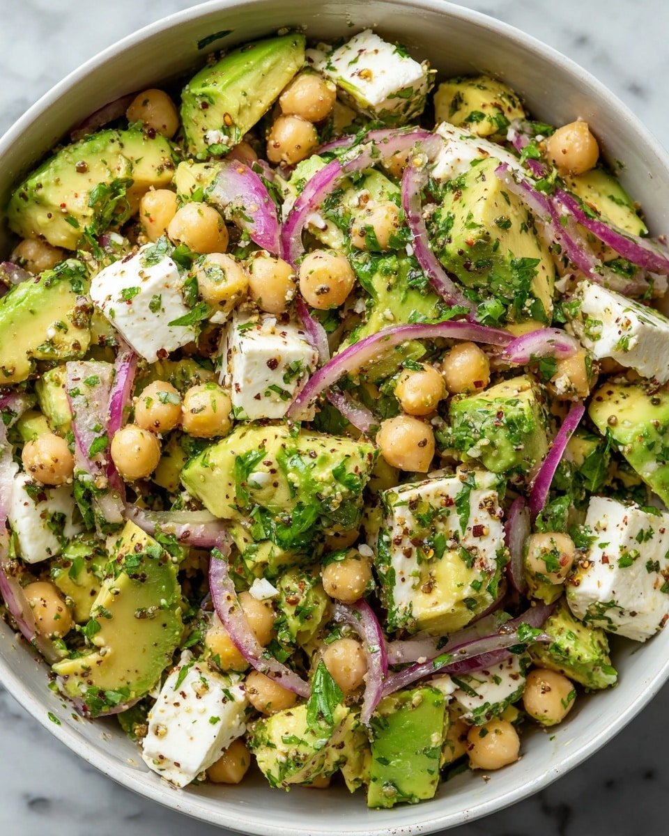 A close-up view of a white bowl filled with a colorful salad made of three main visible layers: large chunks of light green avocado with some dark green edges in the bottom and middle, round pale beige chickpeas scattered throughout, and several irregular white cubes of cheese mixed in. Thin slices of red onion with purple and white color swirl across the salad. The entire salad is speckled with small green bits of chopped parsley and herbs, along with some coarse brown and red seasoning, making the texture appear fresh and tangy. The bowl sits on a white marbled surface. photo taken with an iphone --ar 4:5 --v 7
