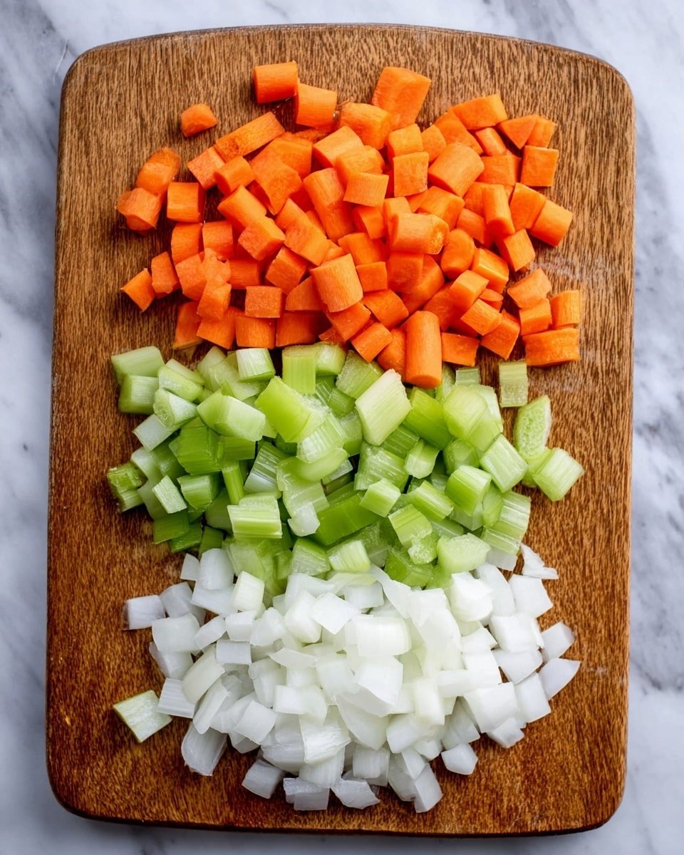 A wooden cutting board placed on a white marbled surface holds three neat piles of chopped vegetables arranged horizontally. At the top, bright orange carrot pieces with a smooth texture form the first layer. Below that, light green celery pieces with a slightly curved shape make the second layer. At the bottom, white onion pieces with a slightly translucent, layered look form the third layer, completing the colorful, fresh vegetable display. photo taken with an iphone --ar 4:5 --v 7