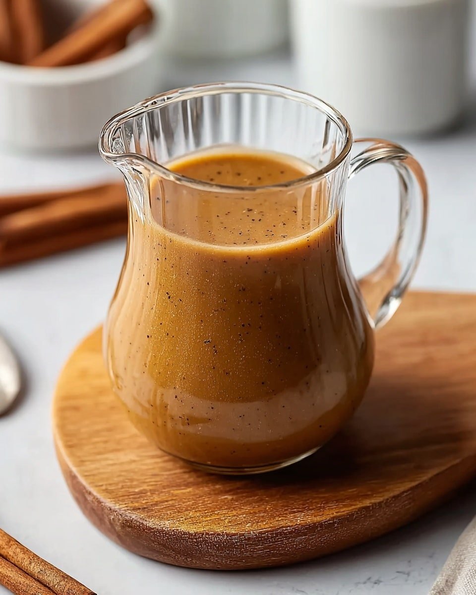 A clear glass pitcher filled with a smooth, light brown sauce speckled with tiny dark spices fills the pitcher almost to the top, sitting on a wooden board. There are cinnamon sticks placed blurred in the background, along with some white containers on a white marbled surface, giving a cozy, warm feeling. The sauce’s texture looks thick but smooth, and the glass pitcher has a small pouring spout and a handle on the right side. Photo taken with an iphone --ar 4:5 --v 7