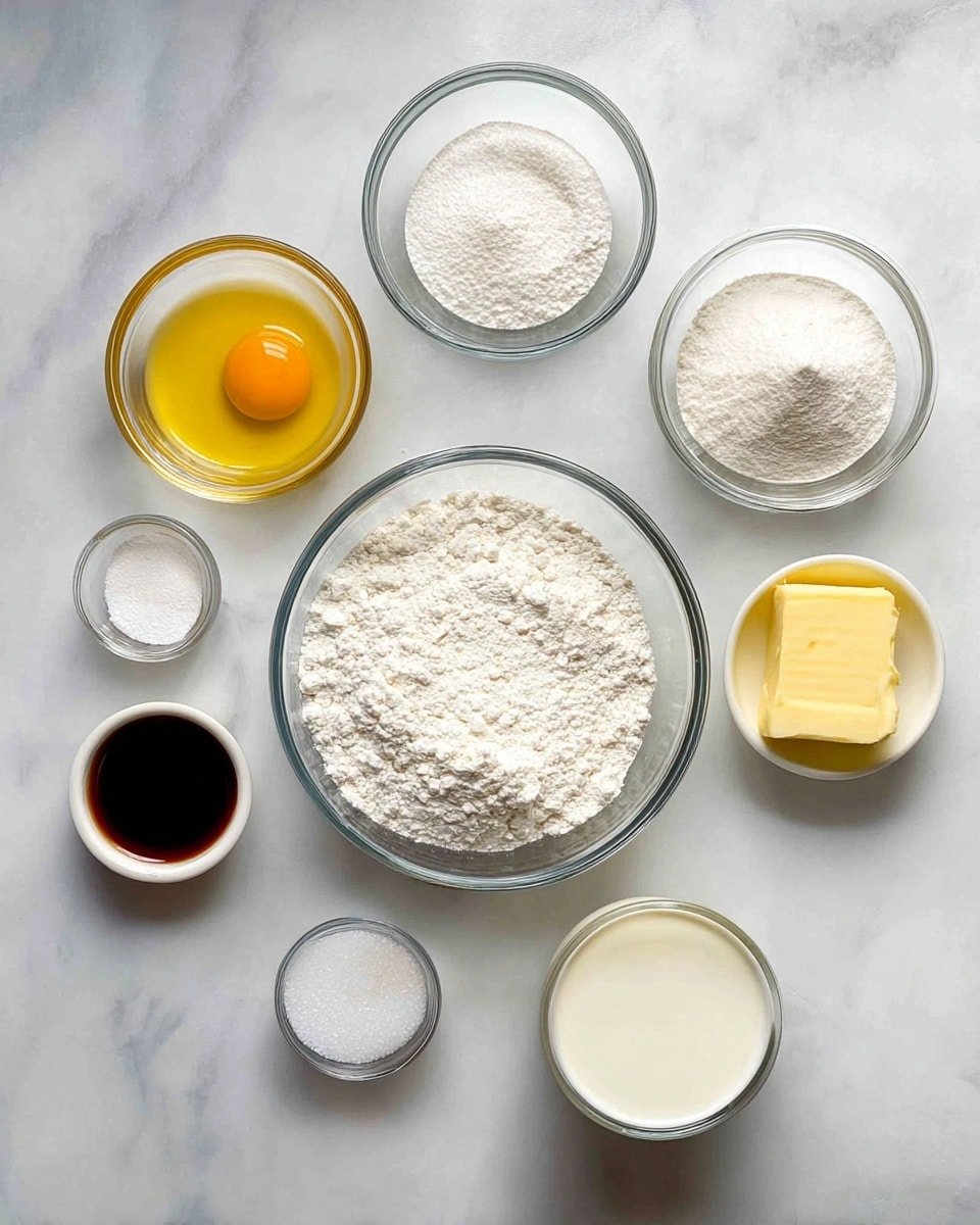 A top-down view of eight clear glass bowls and dishes arranged on a white marbled surface. The center bowl is filled with white flour, with a smaller bowl of salt just below it. To the right of the flour is a medium bowl of white milk, and above it a smaller bowl contains melted butter with a yellow texture. Above the butter is a very small bowl of white baking powder or soda, while above the flour lies a medium bowl with a raw egg having a bright yellow yolk and clear whites. To the left of the flour is a small bowl of dark brown vanilla extract and above it a very small bowl of white salt. photo taken with an iphone --ar 4:5 --v 7