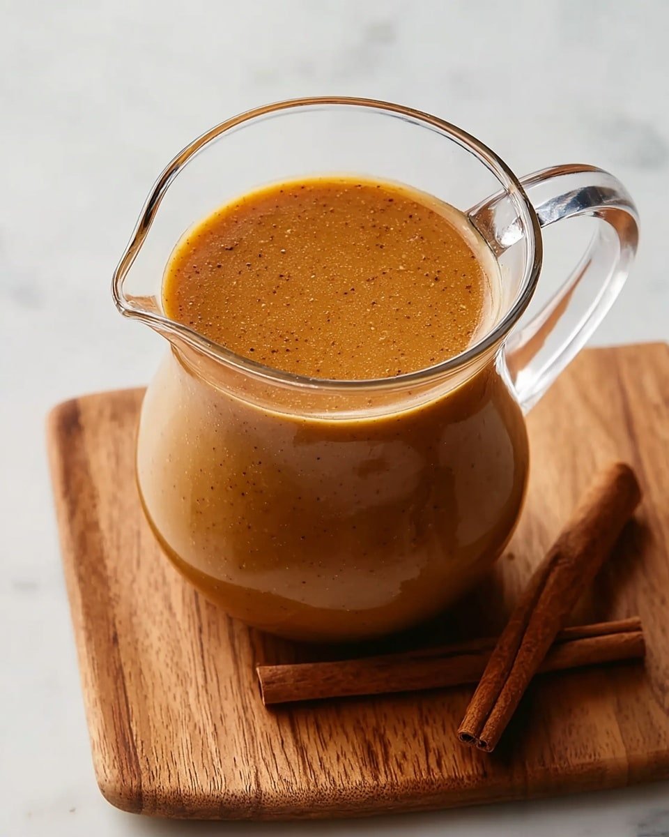 A clear glass pitcher filled with a smooth, thick sauce that is medium brown with tiny dark specks evenly spread throughout. The pitcher has a curved spout and a clear handle on the right side. It sits on a wooden rectangle board placed on a white marbled surface. Next to the pitcher on the wooden board are two cinnamon sticks, showing a textured, light brown color. The lighting shows a slight shine on the surface of the sauce, highlighting its creamy texture photo taken with an iphone --ar 4:5 --v 7