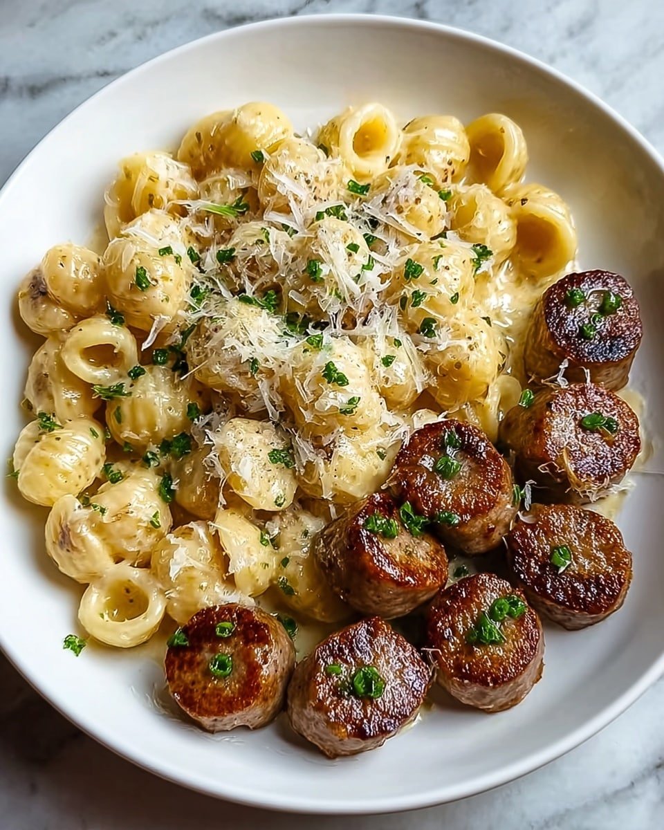 Garlic Butter Sausage Bites with Creamy Parmesan Pasta Recipe - Recipe Image