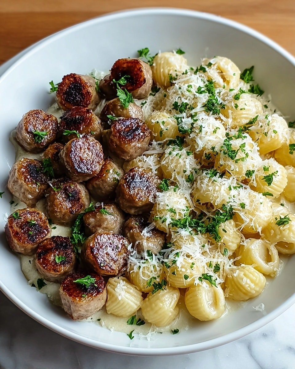 Garlic Butter Sausage Bites with Creamy Parmesan Pasta Recipe - Recipe Image