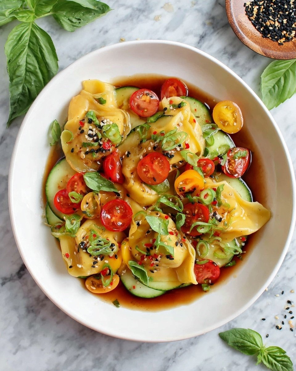 Potsticker Salad with Heirloom Tomatoes, Cucumber, and Basil Recipe - Recipe Image