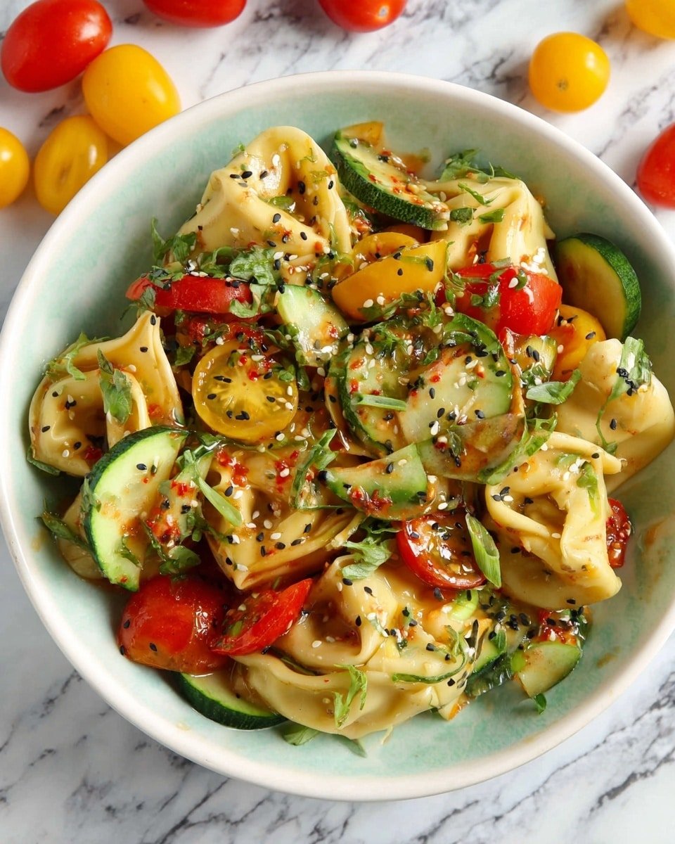 Potsticker Salad with Heirloom Tomatoes, Cucumber, and Basil Recipe - Recipe Image